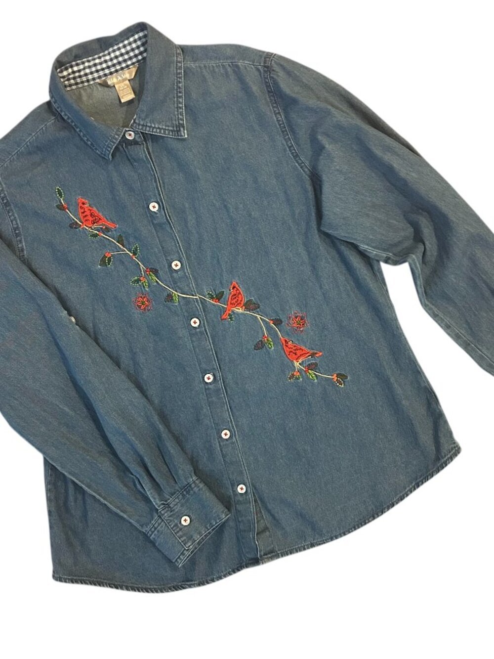 Vintage 90s White Stag Denim Christmas Shirt Embroidered Cardinals Size Large